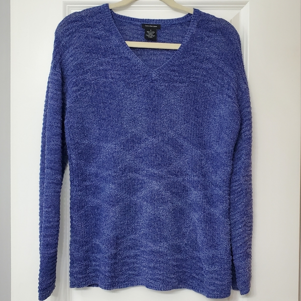Calvin Klein Jeans Sweater Boucle Blue V-neck Pullover Textured Knit Top Medium - Picture 2 of 6
